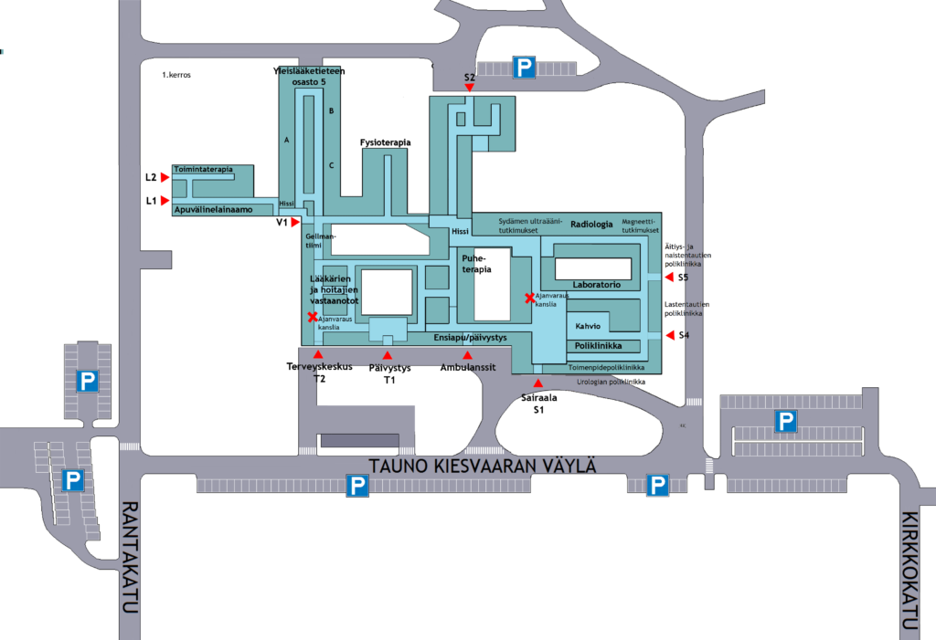 Kuvassa kartta Raahen sairaalan pysäköintimahdollisuuksista. 