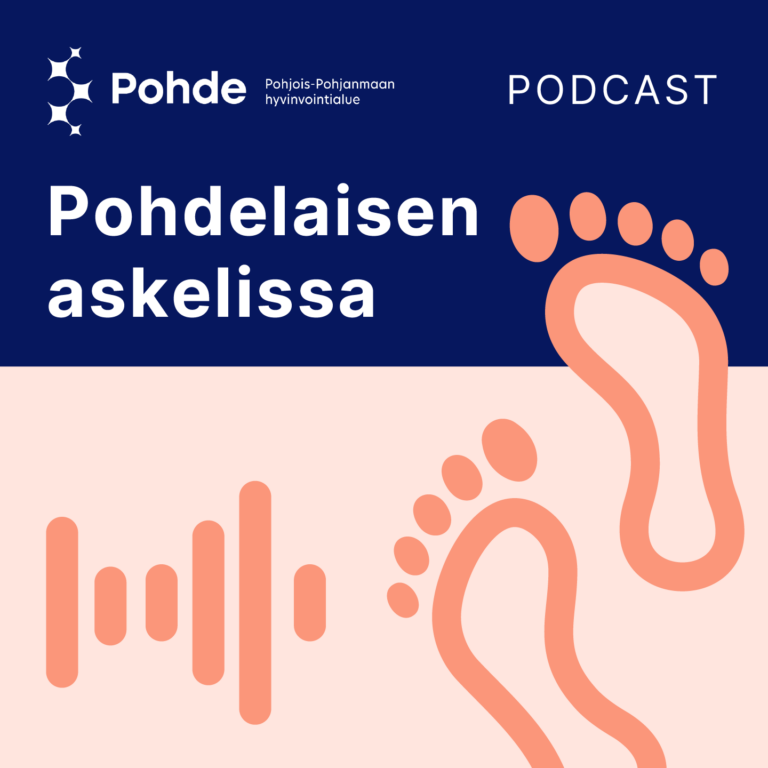Pohdelaisen askelissa -podcastien oma tunnuskuva, jossa näkyy ääniaaltoja kuvaavia viivoja sekä jalanjäljet.