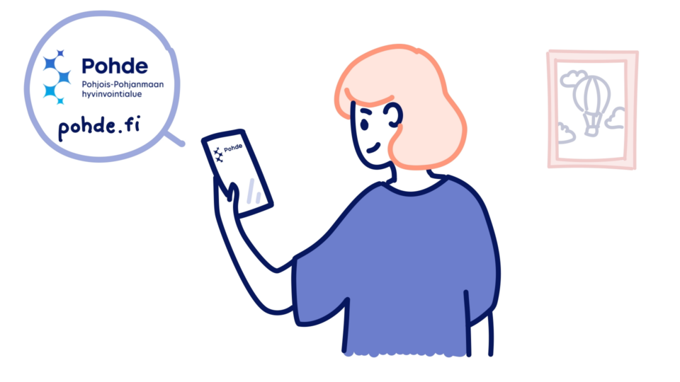 Piirroskuva, jossa sinipaitaisella naisella on älypuhelin kädessään ja puhelimen vieressä puhekupla, jossa on Pohteen logo ja verkkosivujen osoite.